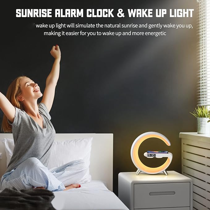 Smart Wireless Charging Alarm Clock with Bluetooth Speaker, App Controlled Bedside Lamp Table Light and Night Light, Bedroom Home Decor, Gift for Girls Boys and Family for Birthday Christmas (White)