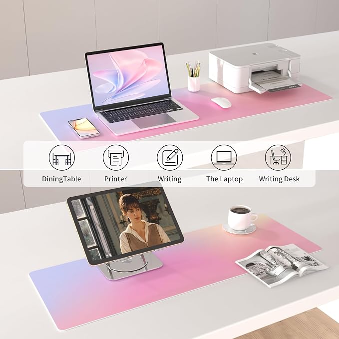 Colorful Star Large Mouse Pad Pink, Girly Desk Mat Aesthetic PU Leather Laptop Mat, 31.5" x 11.8"