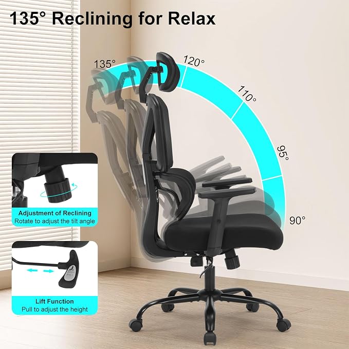Ergonomic Office Chair Mesh HighBack Adjustable Headrest Arm Lumbar Support | Adjustable Height & Armrests, Lumbar Support Swivel Task Chair, 350LBS Executive Computer Chair for Home Office Study Meeting