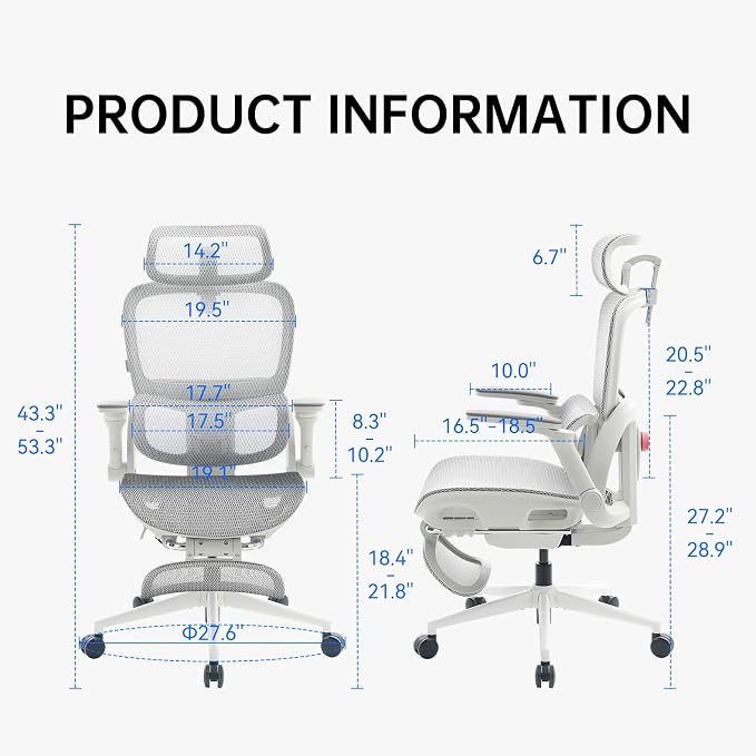SIHOO B300 PRO Comfy Ergonomic Office Chair with FOOTREST, Mesh Computer Chair with 360° FILP-up 6D Armrests, 135° Reclining, Breathable Desk Chair for Home Office, Holds 300 LBS-White