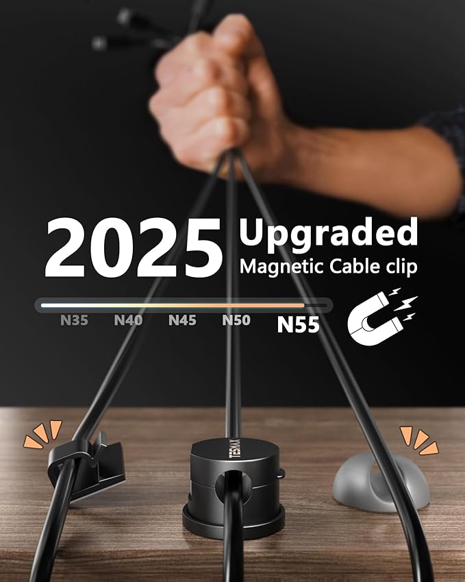 6Pack Magnetic Cord Holder 360° Rotating, 1s Lock Adhesive Desk Organizers | 8mm Cable Pass-Through, One-Hand Easy Installation for Cable Management, Phone Charging Wires Nightstand Car Home Office