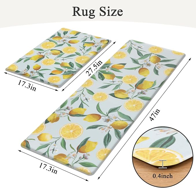SHACOS Anti Fatigue Lemon Kitchen Rugs Mats Set of 2 Pieces Non Slip Soft Cushioned Standing Mat and Runner Wipeable Waterproof Floor Mat, 17"x27.5"+17"x47", Light Blue