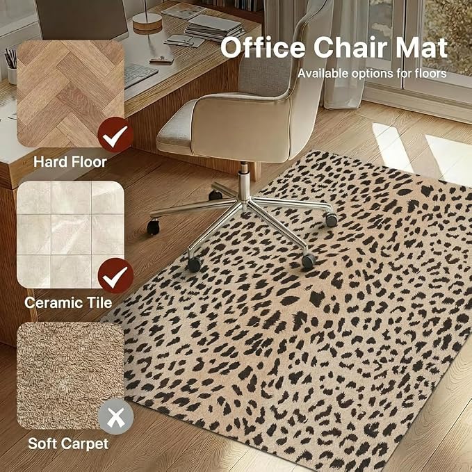 48"x60" Office Chair Mat for Hardwood Tile Floor, Under Desk Carpet Protector for Rolling Computer Chair Mat, Machine Washable Area Rug, Anti-Slip 1/5" Thick Low Pile Thin Vinyl Floor Mat, Leopard