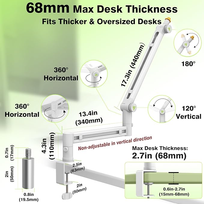 AA AUDIO ACCESSORY White Boom Arm Low Profile (Design for Heavy Mic) 6.6lbs Load Capacity, Gear Lock Structure Never Sags, Metal Microphone Stand Desk Mount for Shure SM7B MV7+, Blue Yeti, Rode PodMic