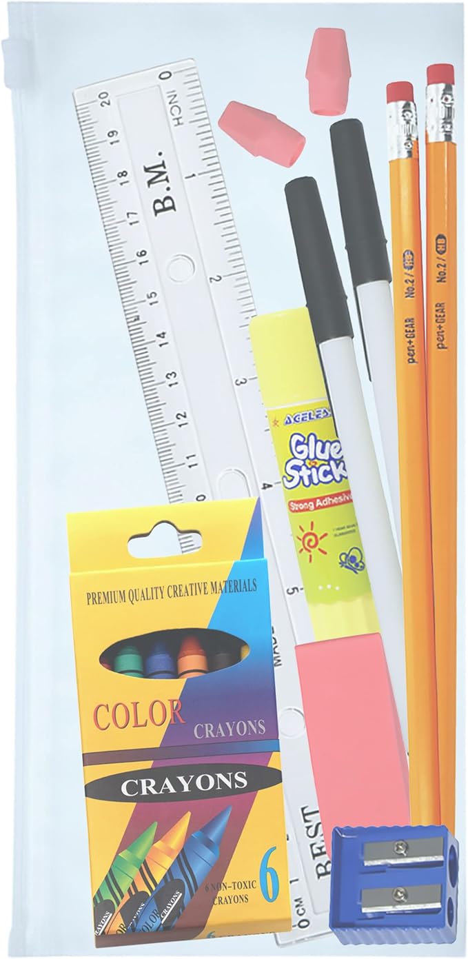 18 Piece Bulk School Supplies Kits - Pens, Pencils, Crayons, and More - Value Pack of 24 Kits - Essential Box of School Supplies for Elementary, Middle, and High School Students
