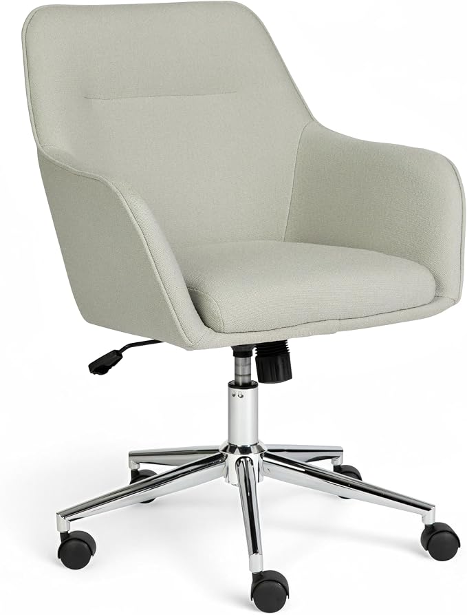 Martha Stewart Rayna Swivel Task Chair with Flared Arms for Home Office in Light Gray Fabric with Polished Nickel Frame