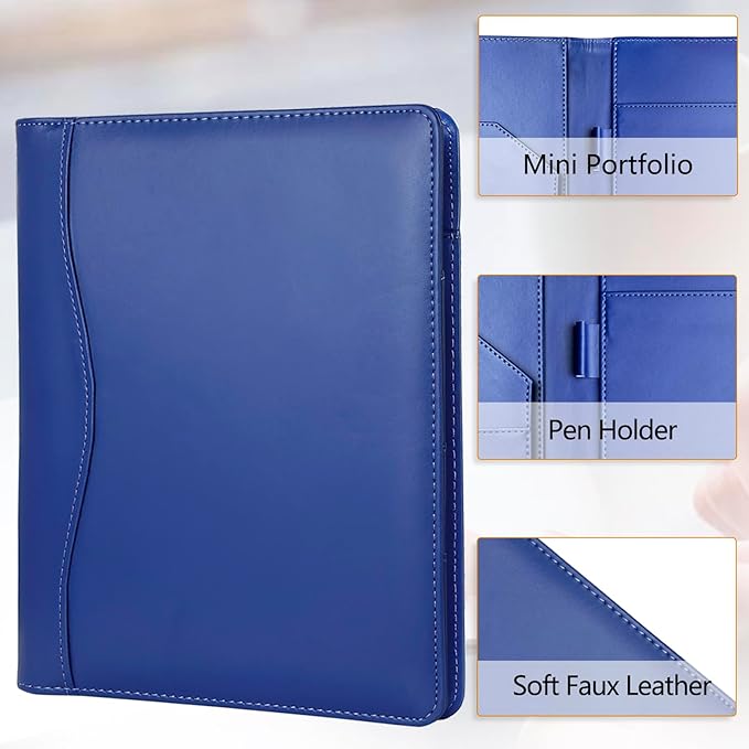 Leather Portfolio Binder 5 x 8, Mini Soft Leather Padfolio A5 Business Binder Legal Writing Pad Junior Size Document Organizer for Present Gift Kid Men Women Navy Blue