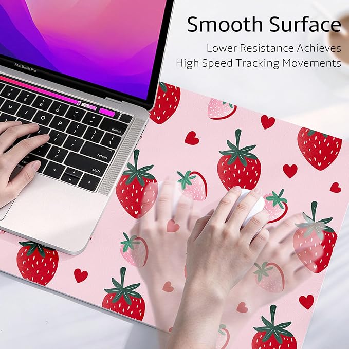 Mouse Pad Leather Desk Mat Large Keyboard Cute Office Desktop Computer Laptop XXL Long Big Aesthetic Modern Design Women Girls Gaming Gamer Oversized Wide Mousepad 31.5"x15.7", Strawberry