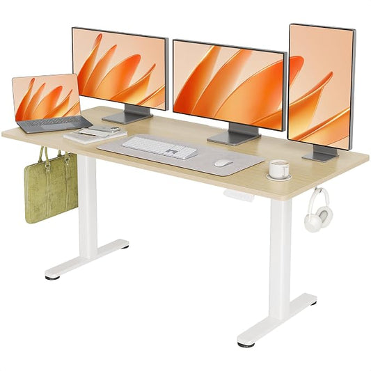 INNOVAR Electric Standing Desk, Adjustable Height Stand up Desks, 63 x 24 Inches Sit Stand up Desk for Home Office Computing, 3-Preset Memory Height Ergonomic Rising Desks, Nature