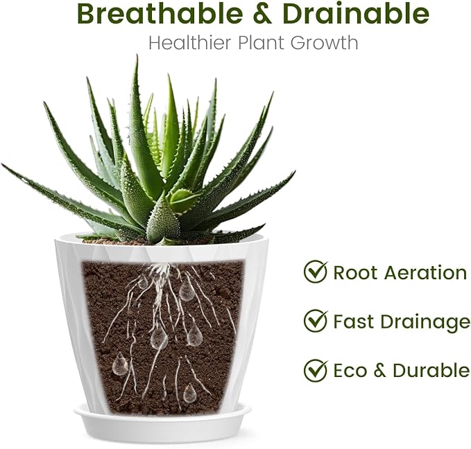 UOUZ 12 Pack 4 Inch Small Plant Pots with Saucers, Waffle Texture Plastic Planters with Drainage Holes for Indoor and Outdoor Plants, Flowers, Herbs, Succulents, and Seedlings, White