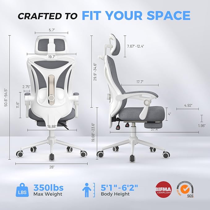 Ergonomic Office Chair with Footrest - Adjustable Lumbar Support & Headrest, 90-160° Reclining Mesh Back Computer Chair - Home Office/Gaming, 350lbs Capacity
