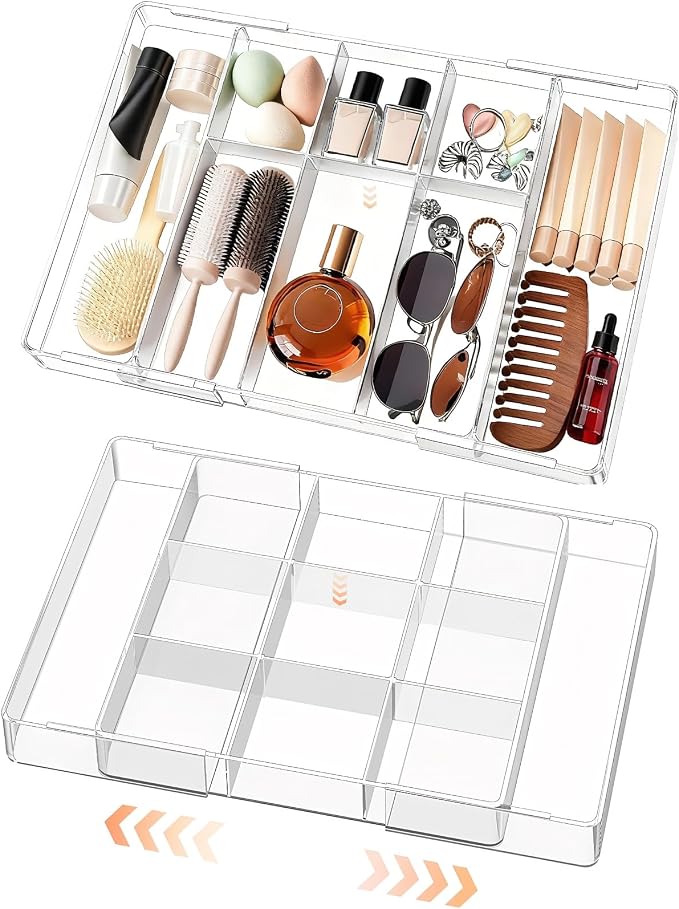 Acrylic Expandable Desk Drawer Organizer with 11 Adjustable Compartments | and 6 Removable Dividers Desk Accessories for Office Kitchen Bathroom Makeup and Utensil Junk Storage (Clear, 2Pcs)
