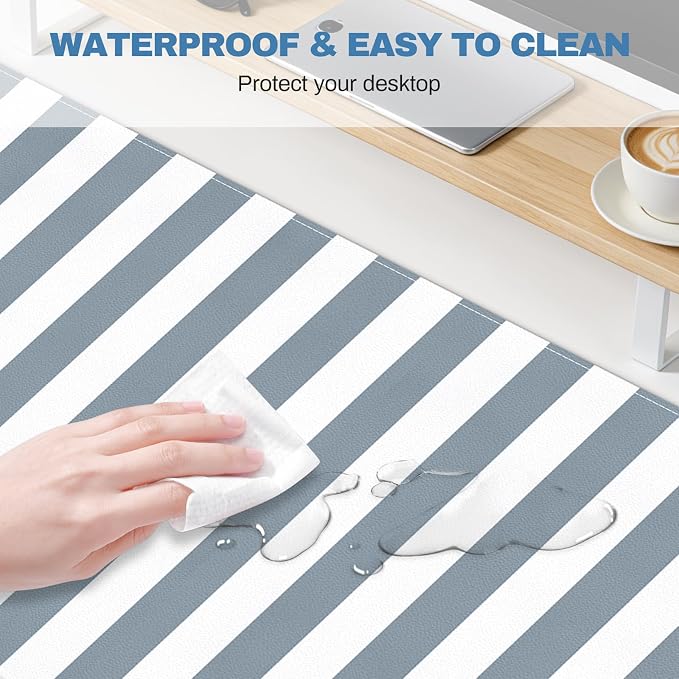 Gray Desk Pad, PU Leather Desk Mat, XXL Extended Mouse Pad Waterproof Striped Desktop Blotter Protector, Non-Slip Large Laptop Keyboard Writing Mat for Office Home