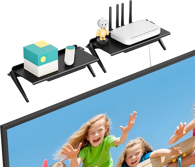 TV Top Shelf, 2 Pack Monitor Top Shelf No Drilling TV Shelf for Cable Box, Router, Streaming Device, Game Console, Remote, TV Accessories for Apple tv Mount,Keep Organized and Secure