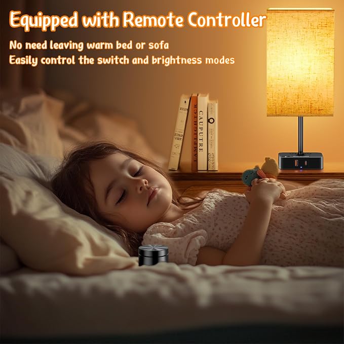 cozoo Bedside Table Lamp for Bedroom, 3 Way Dimmable & Remote Control Stepless Dimming Touch Nightstand Lamp, 2 USB Ports and 2 AC Outlets, Small Desk Light for Living Room, Bed, Study, Flaxen