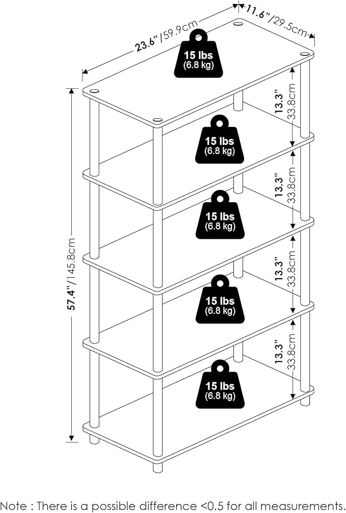 Furinno TURN-N-TUBE Storage Shelves, 5-Tier Book Shelf, Corner Shelf, Toolless Open Shelves, for Organization and Storage, Living Room, Garage, Home Office, Espresso
