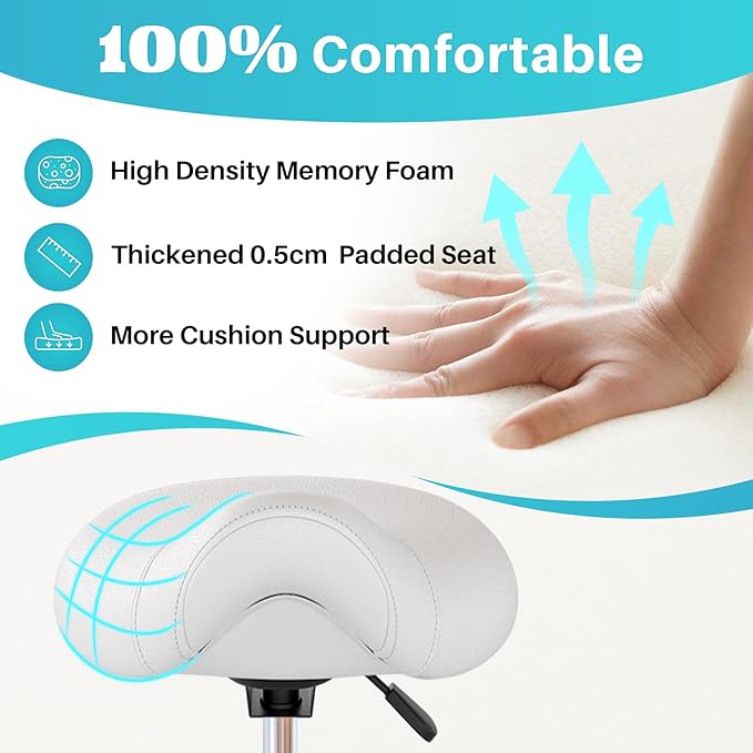 YEEZEE Saddle Stool Ergonomic, Saddle Chair with Wheels, Classic White | Comfortable Wide Thick Saddle Seat Padding, 360°Swivel, Adjustable Height, Ring Pedal Design, for Medical Massage Salon Spa