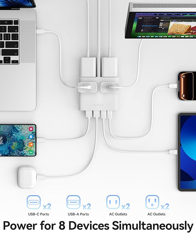 ORICO Power Brick, 25W GaN Power Strip, 8-in-1 Desktop Charging Station with 4 AC Outlets, 2 USB-C, 2 USB-A Ports, 5ft Extension Cord, Ultra Thin Flat Plug for Travel Office ETL Listed-PDC (1 PC)
