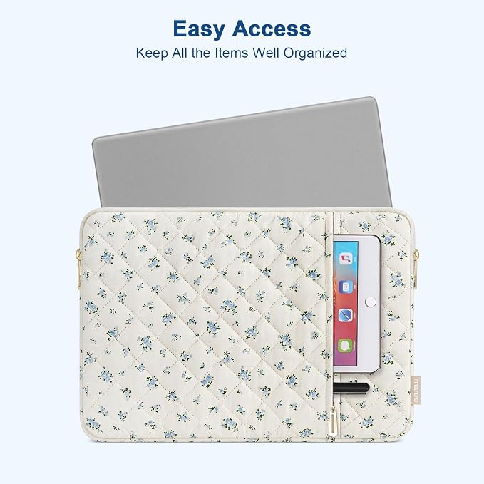 MOSISO 13-13.3 inch Laptop Case, 13.3 inch Puffy Laptop Sleeve Compatible with MacBook Neo/Air 13.6/Pro 13/Pro 14, HP Dell ASUS Lenovo, Square Quilted Ditsy Floral Vertical Bag&Small Case, Blue