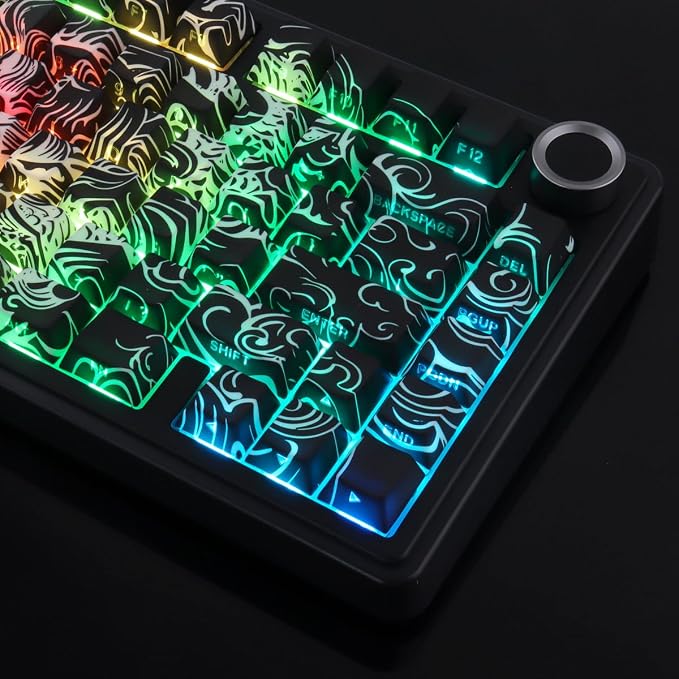Tsungup PBT Keycaps,Custom Cool Dragon Pattern Side Print Keycaps(Black) | Tsungup Shine Through 138 Keys Cherry Profile Key Caps Keyboard Keycap Set for MX Switches Mechanical Keyboard