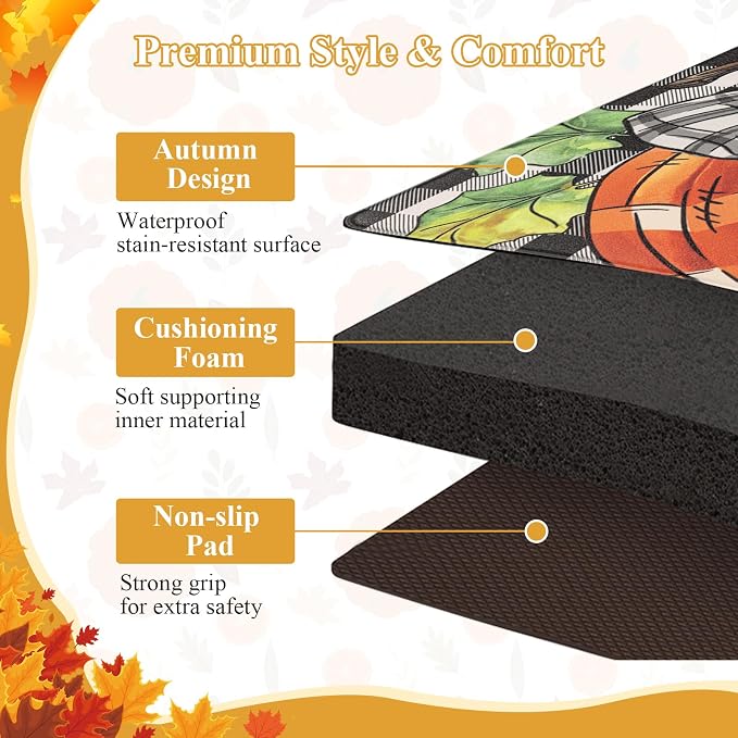 SHACOS Anti Fatigue Fall Kitchen Rugs Set of 2 Pumpkins and Sunflower | Waterproof Non Slip Cushioned Comfort Kitchen Floor Mats Harvest Autumn Black White Checkered Farmhouse Mat 17x27.5+17x47"