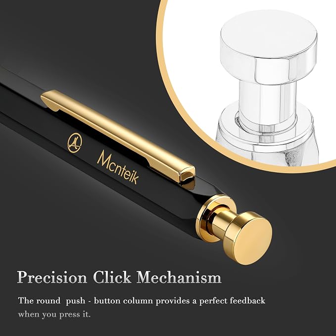 MCNTEIK Black Click Pen With 24K Gold Finish, Fine lacquer work, Exquisite Gel Pen Gift Set for Men & Women, ADMOK Black refill, Office Supplies, Professional, Executive, Nice Retractable Pen