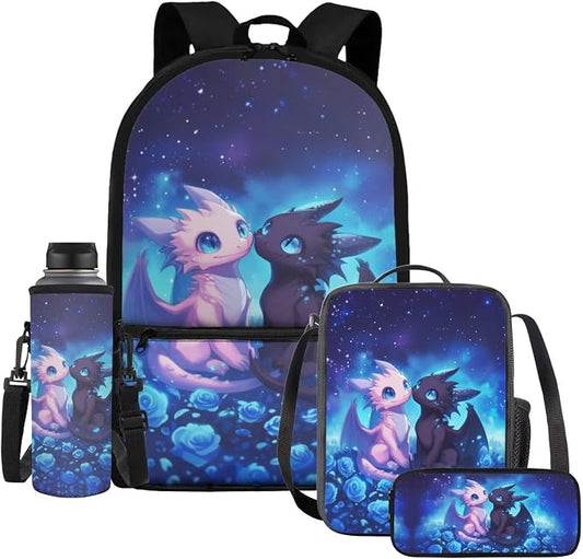WELLFLYHOM Dragon Elementary School Backpack with Lunch Box for Girls, Blue 17 Inch Rose 4PCS Bookbag Set for Kids, Child Back to School Supplies, Reduce Shoulder Pressure for Daily Use
