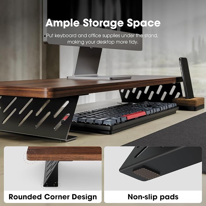 Fenge Monitor Stand Riser, 31.5 Inch Desk Top Shelf for 2 Monitors, Computer Stands for Desk, Wood & Steel Desktop Riser for Laptop, PC, Printer