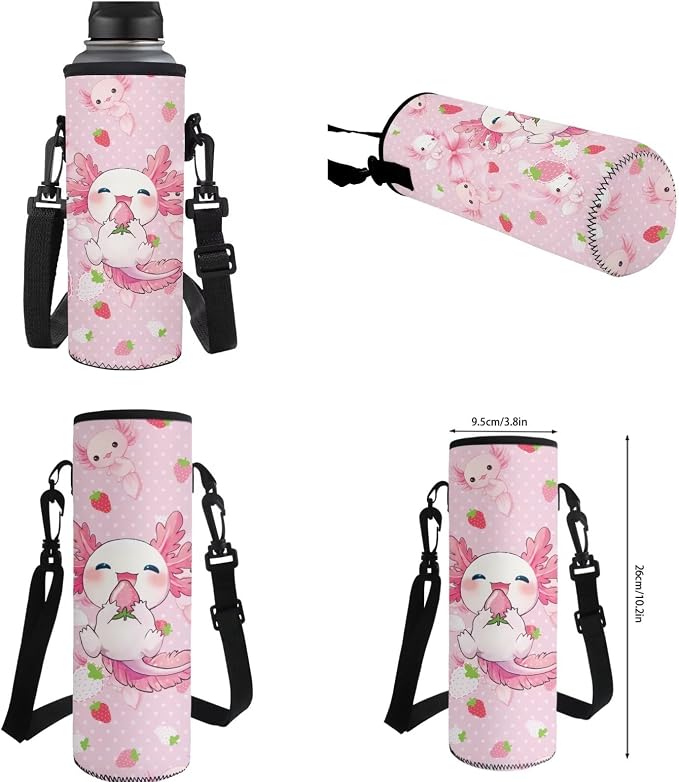 WELLFLYHOM Axolotl Strawberry 8-12 Girls School Bookbag Set Kids Backpack and Lunchbox Pencil Case Water Bottle Lightweight Daypack Gift for Back to School Season