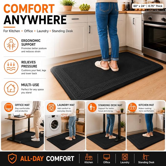24 x 60 Inch Extra Support Anti Fatigue Comfort Kitchen Mat, Waterproof Long Kitchen Runner, Non-Slip Standing Desk Mat, Commercial Pads for Offices, Home, Garages (Bordeaux Black, 24'' x 60'')