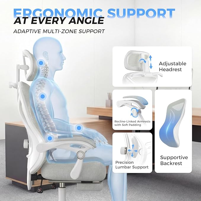 Ergonomic Office Chair - Adjustable Lumbar & Headrest, 90-160° Reclining with Footrest, Breathable Mesh Back - Home Office/Gaming Computer Chair (Modern, Light Grey)