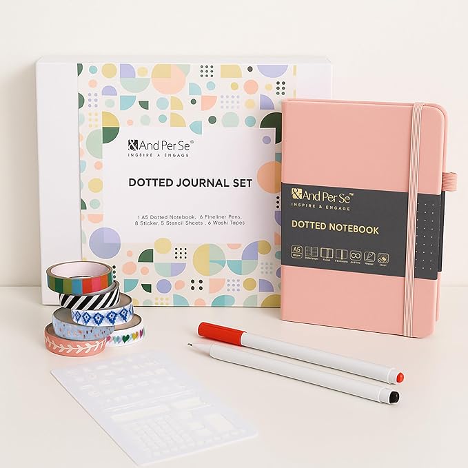 &And Per Se A5 Hardcover Dotted Notebook with 25+ Accessories - 6 Pens, Stickers, Stencils, Washi Tapes & Gift Box Included | Dotted Journal Kit for Beginners, Adults, Premium Gift Set (Pink)