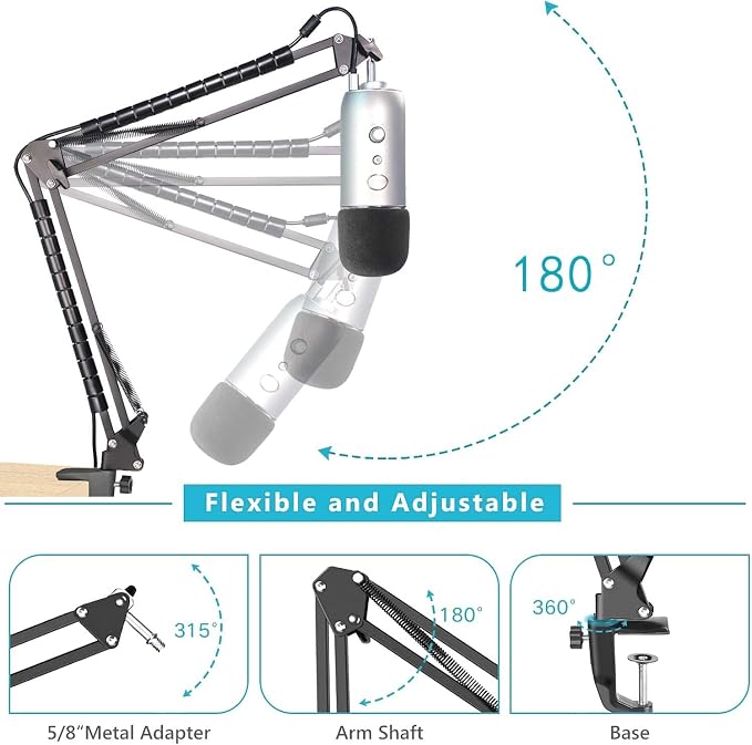 Blue Yeti Microphone Boom Arm Stand with Yeti Microphone Pop Filter, Compatible with Blue Yeti Mic, X USB Microphone with Cable Sleeve by SUNMON