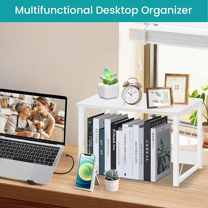 ELITEROO Desktop Printer Stand with Storage, Printer Stand Shelf | Desk Organizer shelf for Home, Modern Wood Printer Riser Under Desk Small Table for Printer Fax Machine Copier Scanner, White