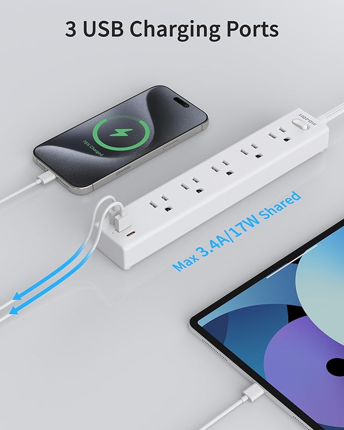 HOPOW Flat Plug Power Strip, 10 Ft Ultra Thin Flat Extension Cord, Surge Protector with 5 Outlets & 3 USB Ports (2 USB C), 1700 Joules, Wall Mount, Desktop Charging Station for Home Office Dorm, White
