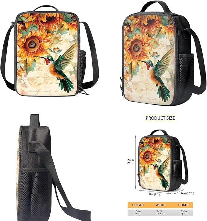 Hummingbird School Backpack 3 Pcs Set for Girls 10-12 Sunflower School Book Bag and Lunch Bag Set for Toddler Girls Backpacks Back to School Supplies
