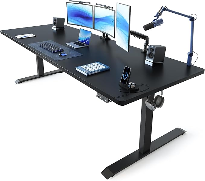 FEZIBO 83 x 37 Inch Standing Desk with Integrated Dual-Beam, Cable Management, 3 Memory Height Adjustable Computer Desk for Home Office Workstation, 1" Thick Large 3-Piece Desktop Black