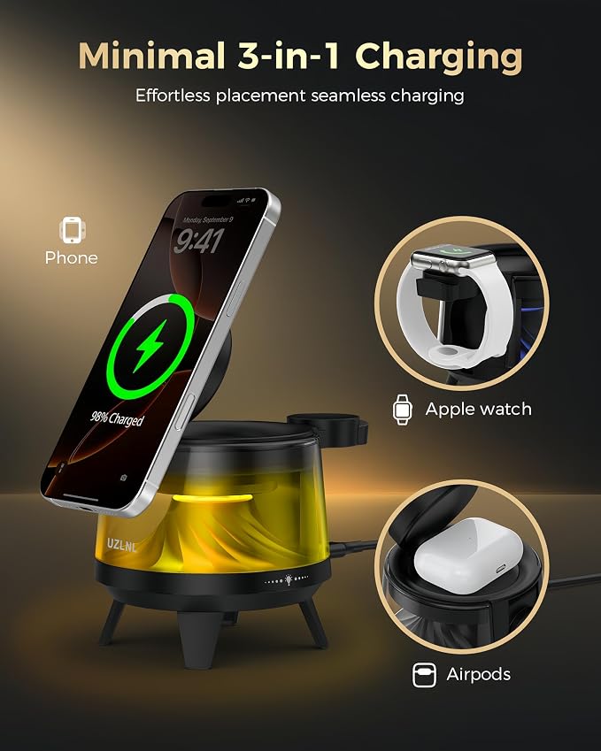 3 in 1 Wireless Charging Station for Apple Devices,Mag-Safe Charger Stand,Magnetic Wireless Charger Station,RGB Ambient Light,for iPhone 17 Pro Max 16 15 14 13 12,AirPods & Apple Watch Series