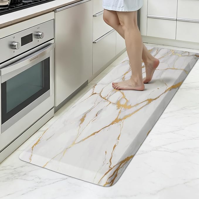 MAYHMYO Kitchen Mats Cushioned Anti Fatigue 0.47" Thick, White and Gold Marble Kitchen Rug Floor Mat, Non Slip Waterproof Modern Comfort Standing Mat for Home, Office, Sink