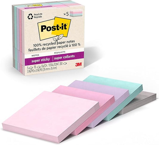Post-it 100% Recycled Paper Super Sticky Notes, 3 in. x 3 in., 5 Pads, 70 Sheets per Pad, Wanderlust Pastels, New Year Organization or Second Semester School Supplies