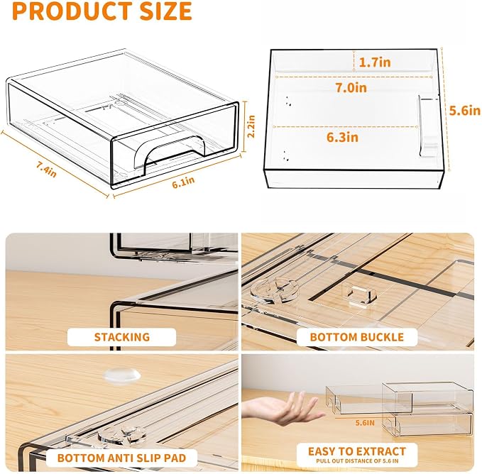 4 Pack Small Clear Stackable Storage Drawers,2.2'' Tall Desk Organization and Storage,Plastic Office Supply Organizer,Acrylic Storage Containers for Makeup,Hair Clip,Accessory,Pen,Art Crafts