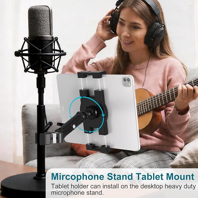Mippko iPad Holder for Microphone Stand,Mic Music Stand Tablet Holder Mount,360°Adjustment Aluminium Alloy Arm Super Crab Clamp,Compatible with 4.7~12.9 inch iPad/Nexus/LG G Pads/Smartphones