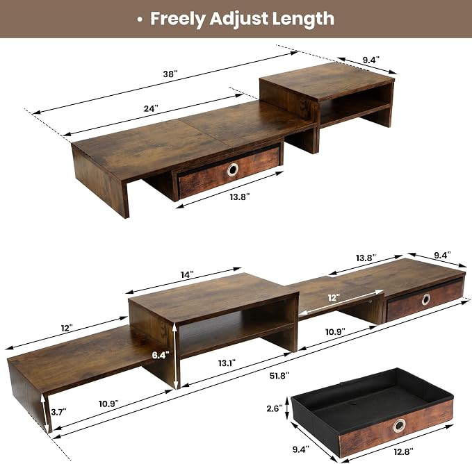 Monitor Riser for 3 Monitors, Angle Adjustable Monitor Stand with Drawer | Dual Monitor Stand for Desk, Dual Monitor Stand with Storage, Wooden Extra Long Triple Monitor Riser up to 52", Rustic Brown