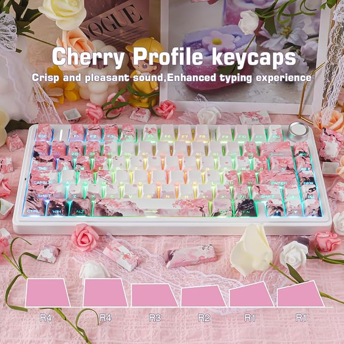 Tsungup PBT Keycaps Cherry Blossom Keycap Set - Custom Landscape Painting Sakura Pink Keycaps,131 Keys Side Print Key caps Cherry Profile Keyboard Key caps for Mechanical Keyboards