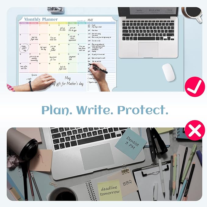 Multi-Functional Dual-Layer Dry Erase Desk Mat, Dry Erase Calendar for Desk - Erasable Desktop Writing Board with Calendar - Non-Slip Faux Leather Desk Protector for Home&Office - 16"x34" Blue