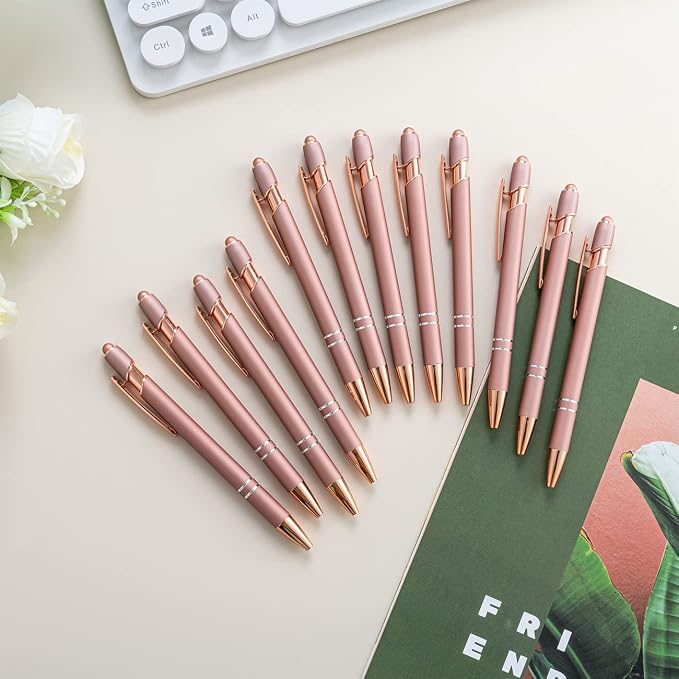 PASISIBICK 12 Pieces Rose Gold Ballpoint Pen with Stylus Tip, 2 in 1 Rose Gold Stylus Pens Stylish Pen, Metal Stylus Pen for Touch Screens, 1.0 mm Black Ink(Pack of 12)