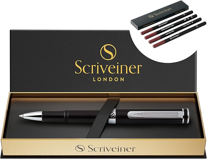 Scriveiner Black Rollerball EDC Luxury Pen, Stunning Pocket Pen with Chrome Finish, bundle with Rollerball Refill Black Medium - 4 Rollerball Refills in one box