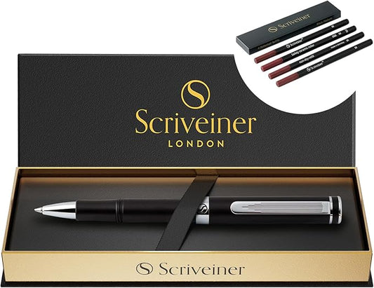 Scriveiner Black Rollerball EDC Luxury Pen, Stunning Pocket Pen with Chrome Finish, bundle with Rollerball Refill Black Medium - 4 Rollerball Refills in one box