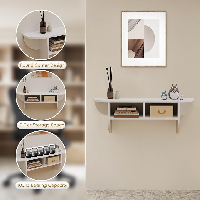 Floating Solid Wood Console Table, 47'' Wall Mounted Narrow Entryway Tables with Storage Shelf, Modern Couch Table Small Entry Way for Entryway, Front Hall, Hallway (White, 47.24IN)