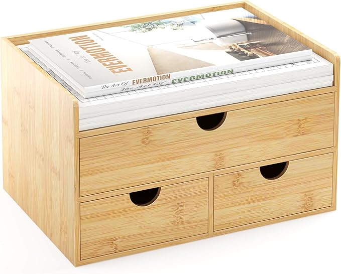 Wisuce Desk Organizer with Drawers - Bamboo Desktop Organizer Storage-Natural Wood Desk Drawers Organizer for Bills, Office Supplies, Cosmetics, Seals No Assembly Required (3 Drawers（top-bottom))